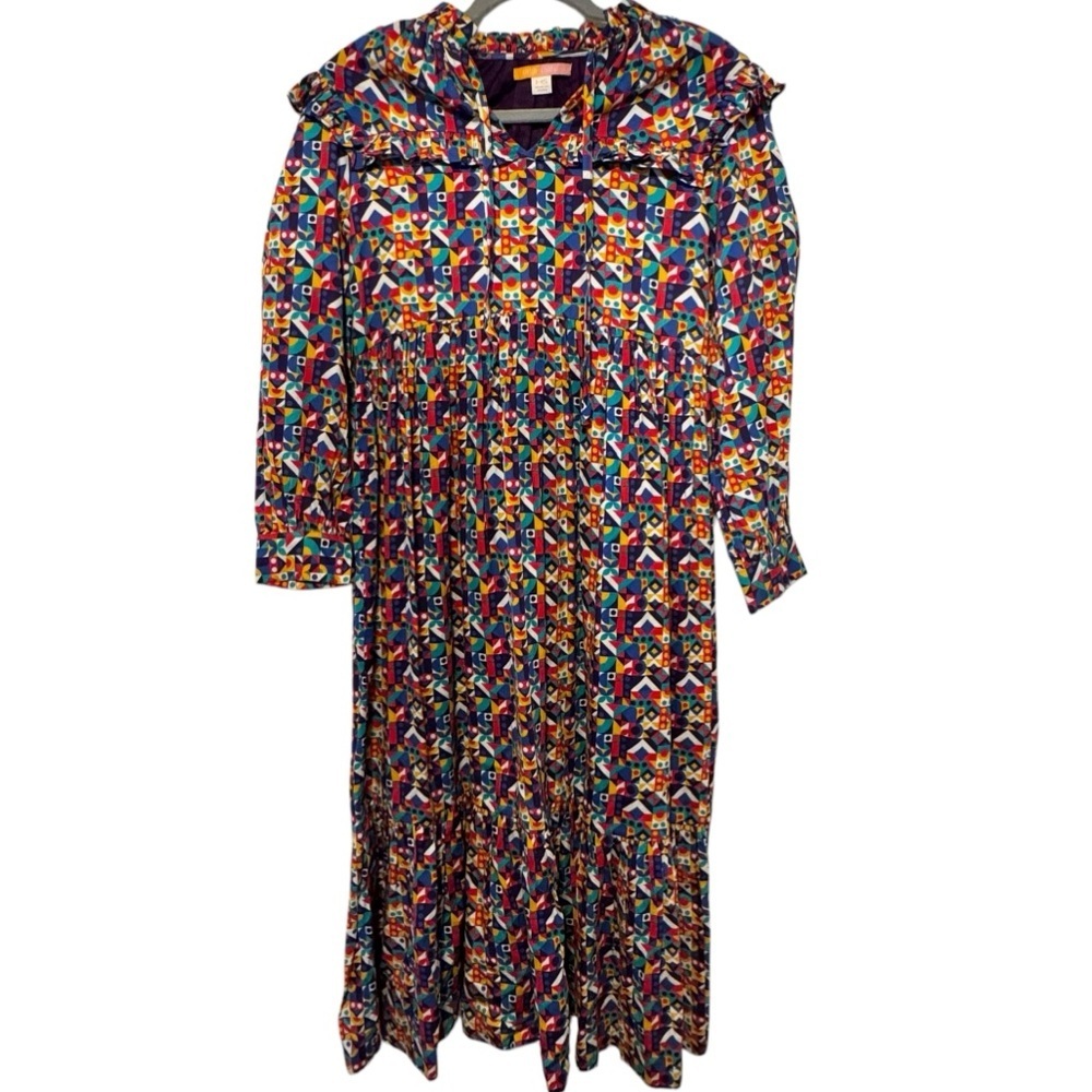 Briton court long sleeve cotton multicolor pattern midi dress XS